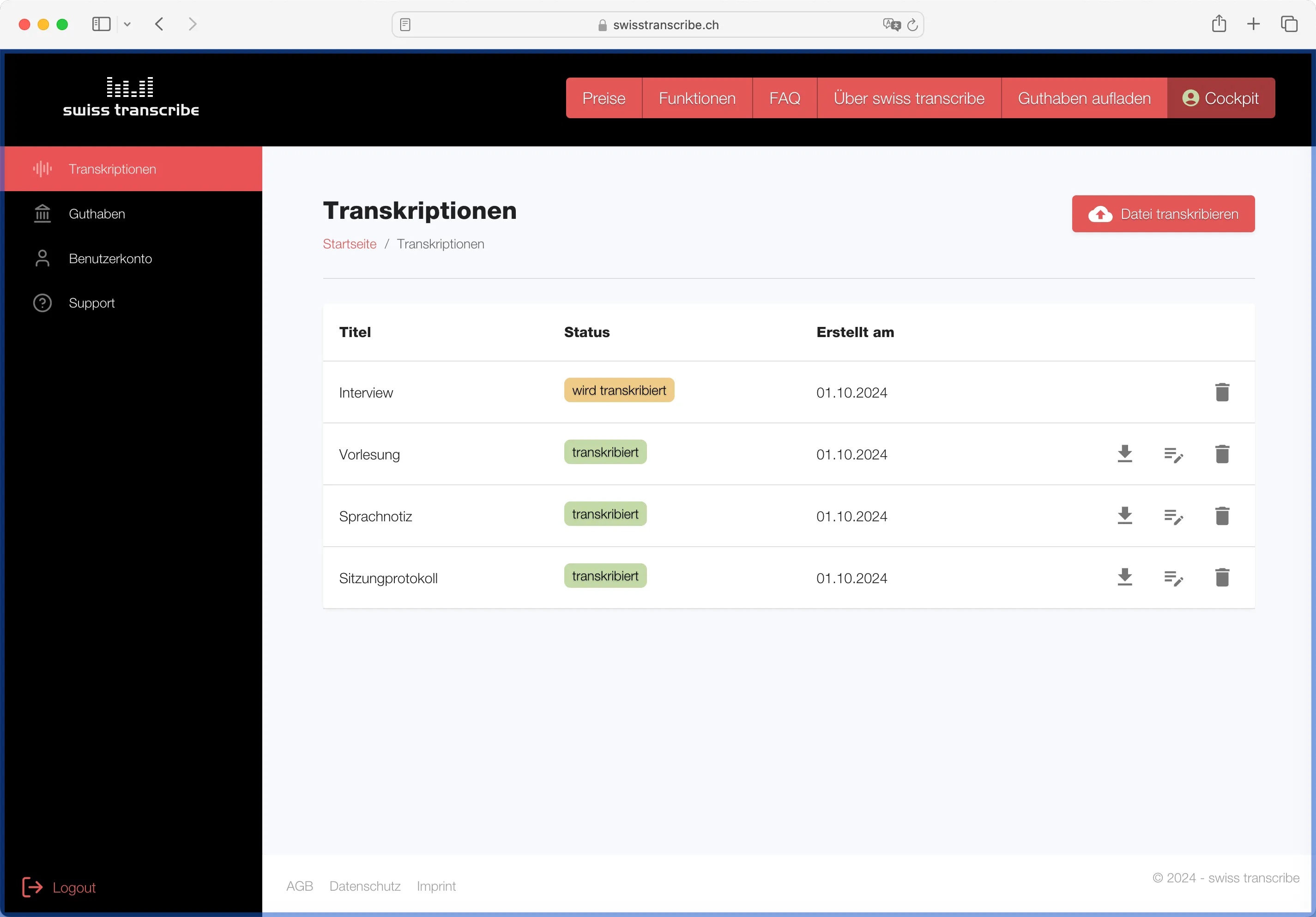 swiss transcribe Cockpit - Transkriptionen verwalten