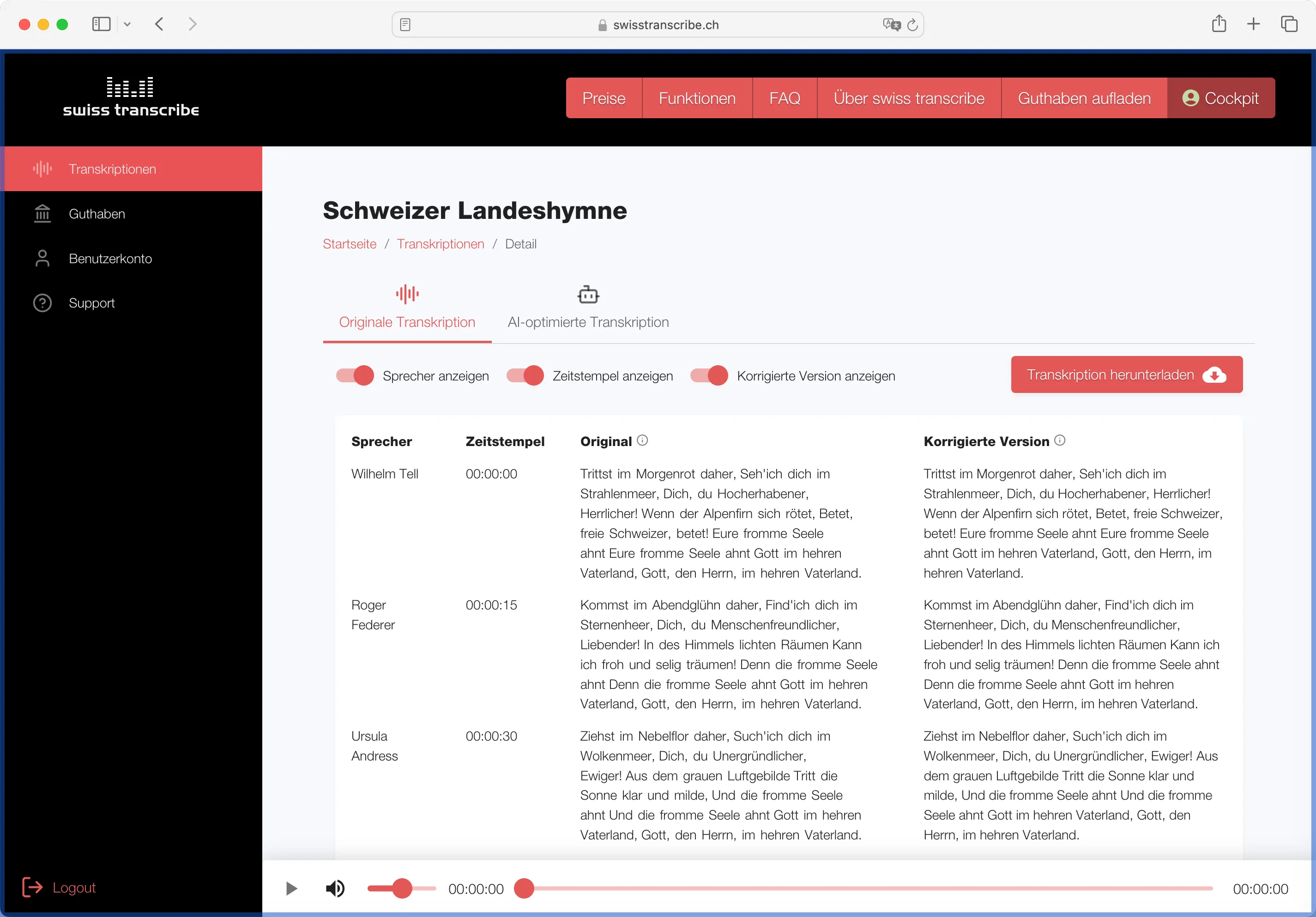 swiss transcribe Cockpit - Transkriptionen verwalten